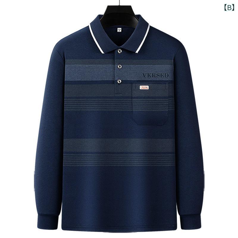 Tシャツ メンズ 長袖 ポロシャツ ミドルエイジ 向け コットン 混紡 ストライプ 柄 普段使い 部屋着 春秋 冬 向き トップス カットソー 紳士服