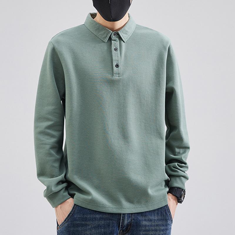 ポロシャツ メンズ 男性用 長袖 トップス 春秋 綿混紡 ビジネス カジュアル 襟付き Tシャツ 無地 合体型 黒/茶/グレー/ベージュ/緑