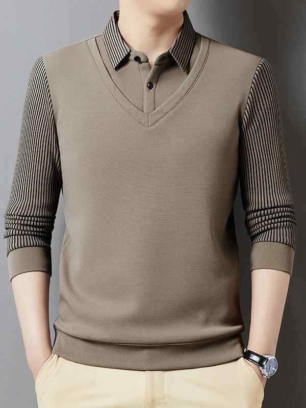 ポロシャツ 男性用 長袖 ニット 春秋 トップス 切り替え ストライプ柄 40代 50代 60代 普段使い