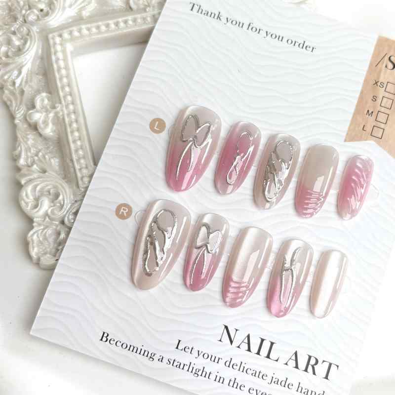 つけ爪 レディース ネイルチップ ピンク 蝶結び 猫目風 春色 韓国風 金属 ピーチ かわいい おしゃれ