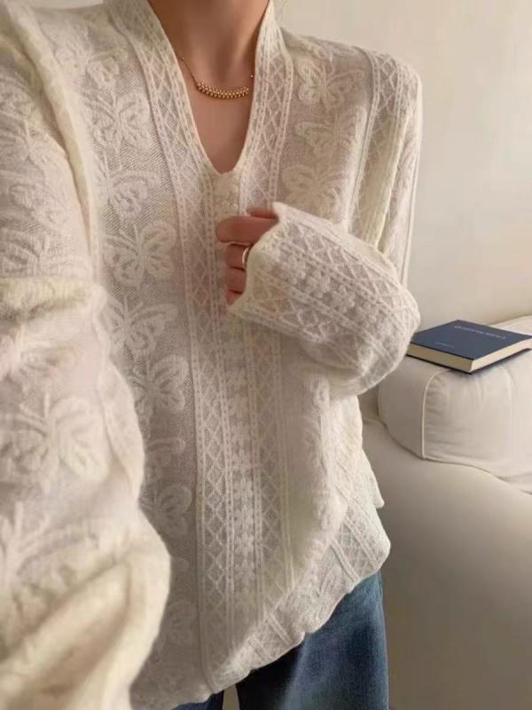 ニット レディース 韓国風 Vネック 蝶 レース ウール かぎ針編み プルオーバー トップス 薄手 長袖 白 M L XL XXLサイズ 气质 通勤