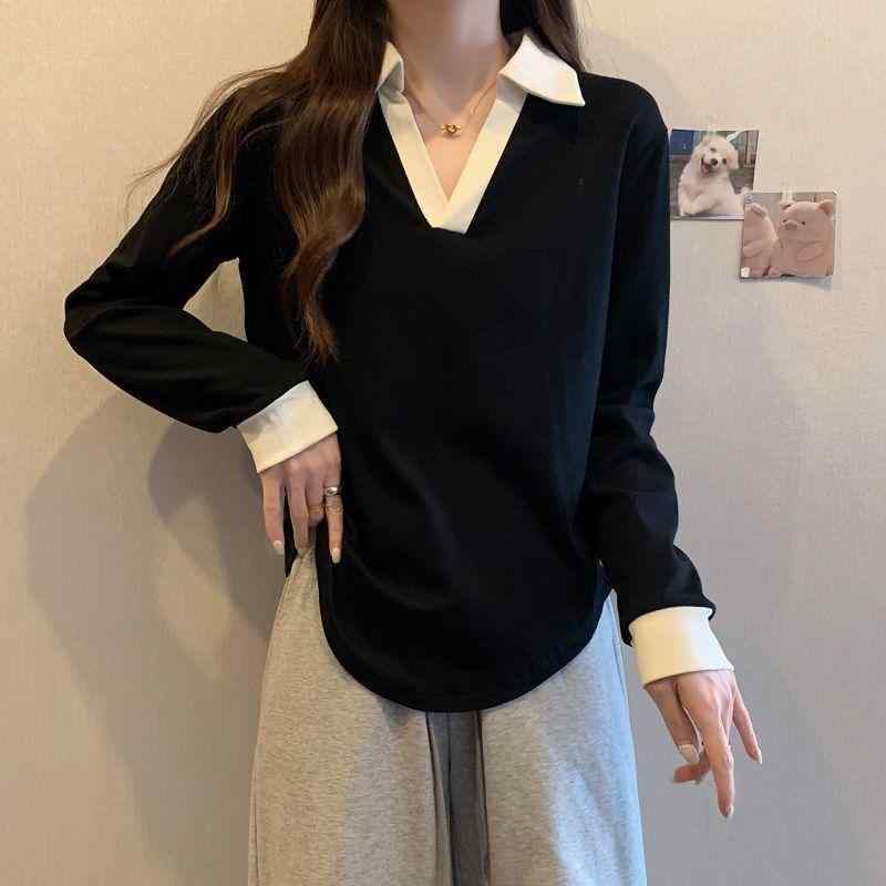 Tシャツ レディース 大きいサイズ ゆったり 体型カバー 細見え ポロネック トップス カットソー 長袖 粘胶纤维 レーヨン混紡 プリンセススリーブ 無地 ブラック 黒 杏色 カジュアル 日韓スタイル