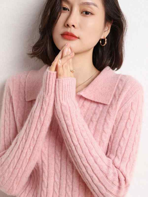 セーター レディース カシミヤ 100% ポロ襟 長袖 ニット トップス プルオーバー ゆったり 厚手 無地 青絨色 ホワイト 白 駝色 キャメル 桜色 ピンク 通勤