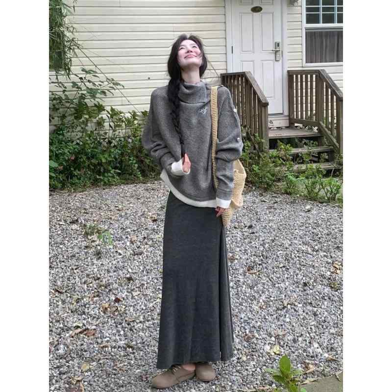 ニット レディース 韓国風 レトロ ハイネック 不規則 ドルマンスリーブ ケープ風 カーディガン ポリエステル混紡 ゆったり 灰色 プルオーバー 秋冬