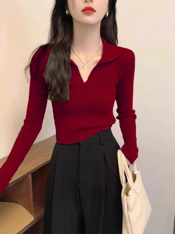 ニット・セーター レディース ワインレッド系 POLOネック トップス 春秋 薄手 スリム 長袖 プルオーバ..