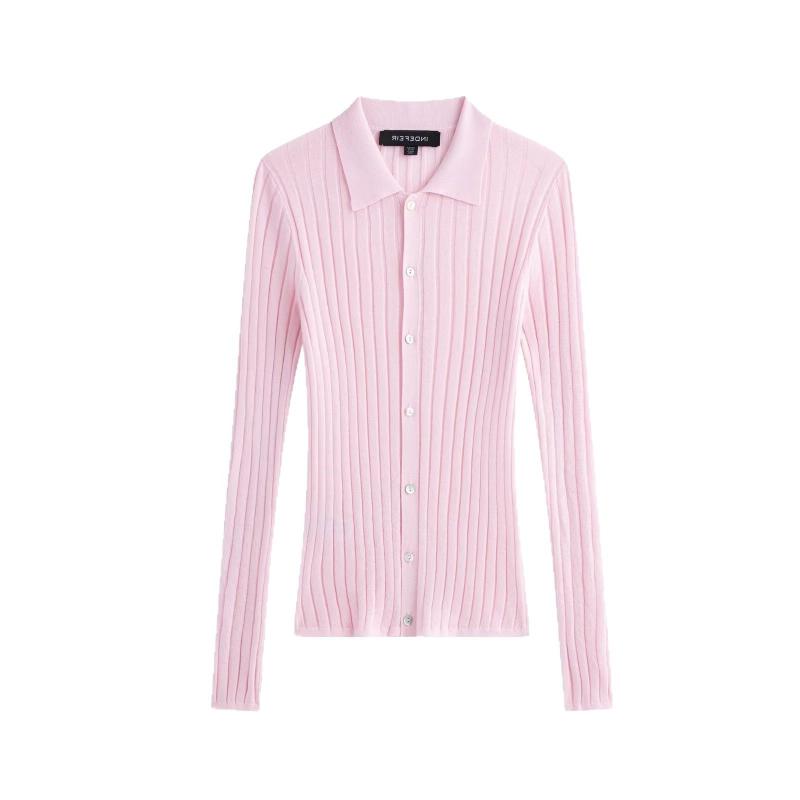 カーディガン レディース 春夏 ニット ポリエステル 長袖 POLO襟 無地 ピンク系 オフィス カジュアル