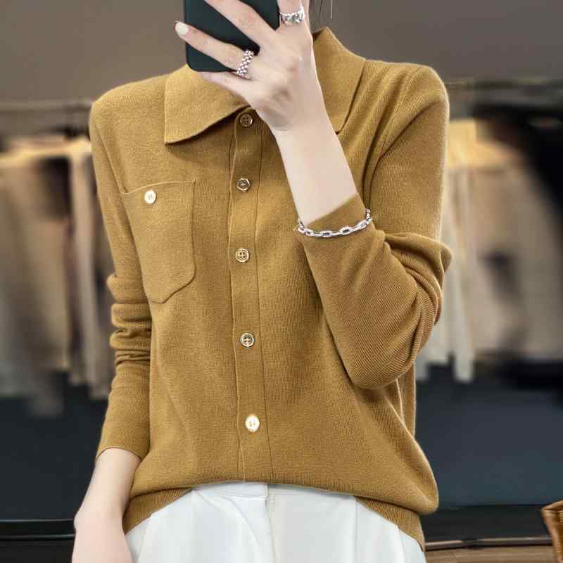 ニット レディース ウール トップス 春秋物 POLO襟 カーディガン 幾何学模様 ゆったり 長袖 セーター ミドルゲージ きれいめ かわいい ベージュ系