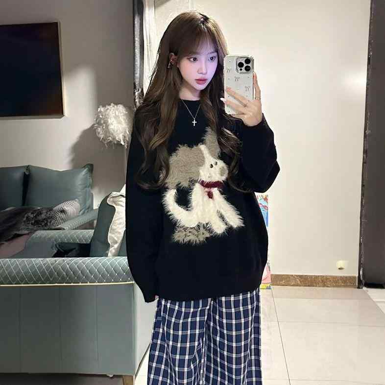 ニット レディース 秋冬 韓国風 かわいい カートゥーン 犬 ドッグ ジャカード プルオーバー ゆったり ..