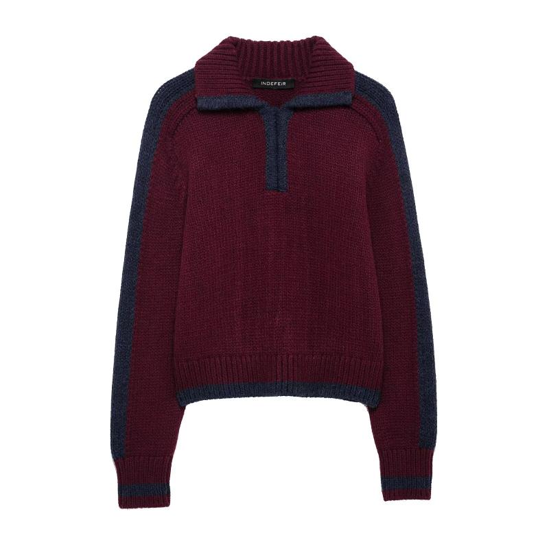 ニット レディース 春物 針抜き POLOネック 長袖 トップス 伸縮性 ポリエステル混紡 ブラック 黒 レッ..