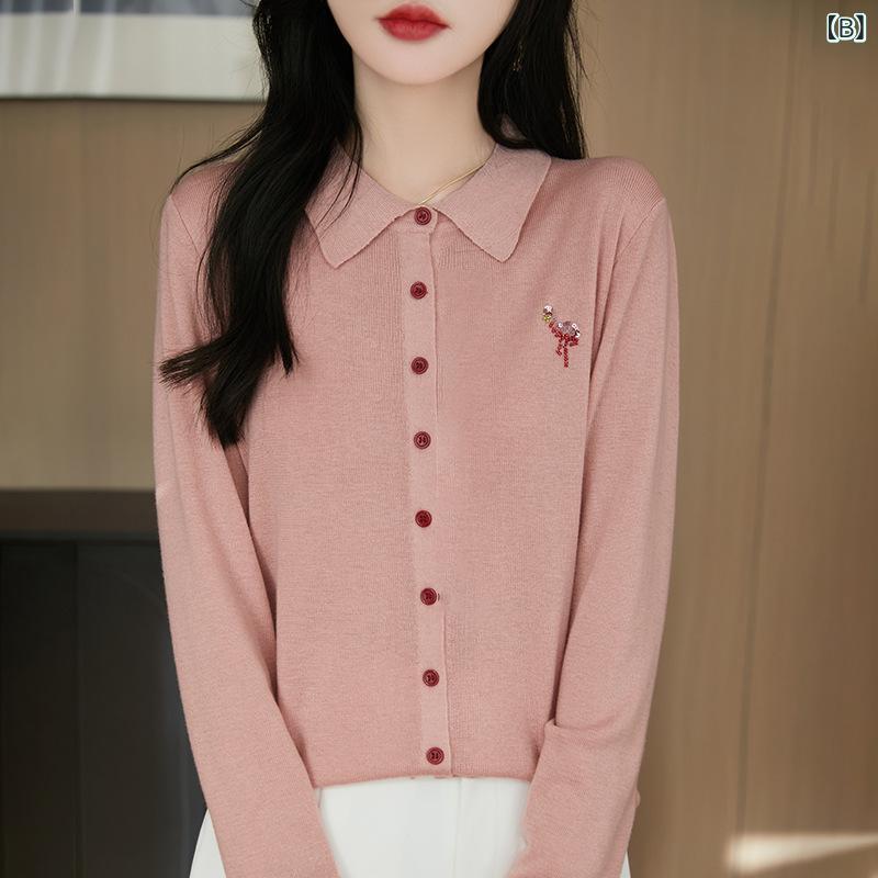 ニットカーディガン レディース POLO襟 ウール混紡 トップス 長袖 刺繍 アニマル柄 ミディアム丈 前開き 羽織り 通勤 ベージュ ピンク系 ネイビー グレー