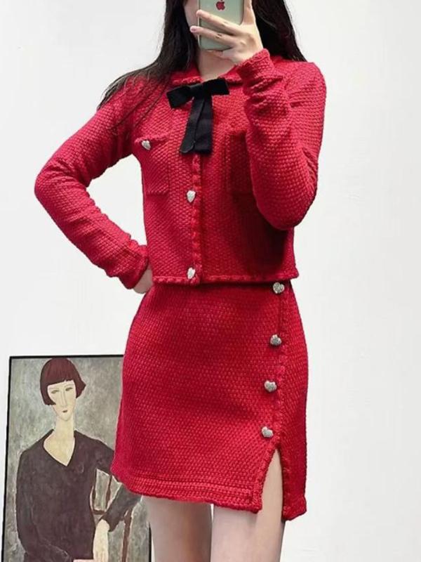 ニット レディース カーディガン 赤色 ポロネック 膝丈スカート セットアップ 秋冬 蝶結び エレガント 通勤 きれいめ 上品