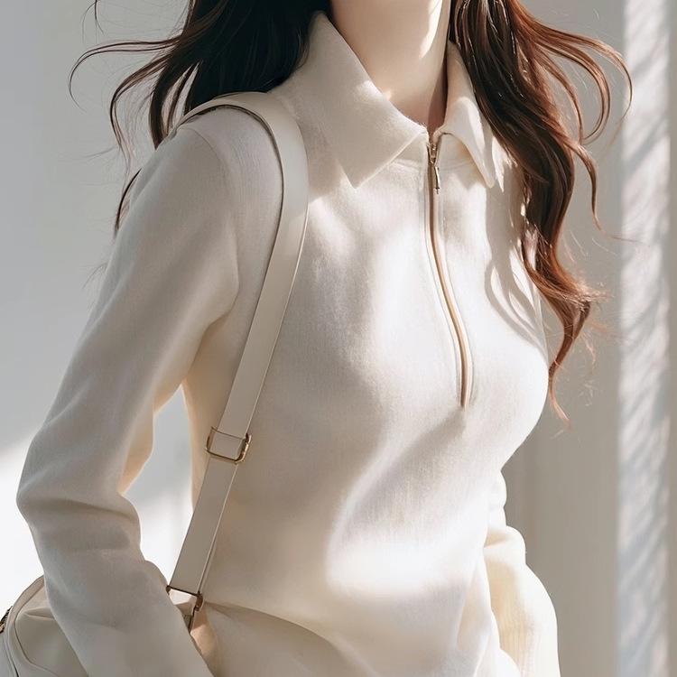 ニット ポロシャツ レディース 長袖 トップス カットソー 白 春秋 カジュアル 韓国風 コットン ポリエステル