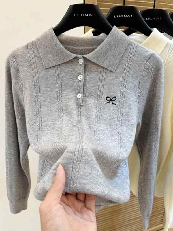 ニット レディース 春秋冬 韓国風 トップス 長袖 ポロ襟 蝶結び 刺繍 スリム 花柄 グレー ブラック ベージュ カットソー インナー
