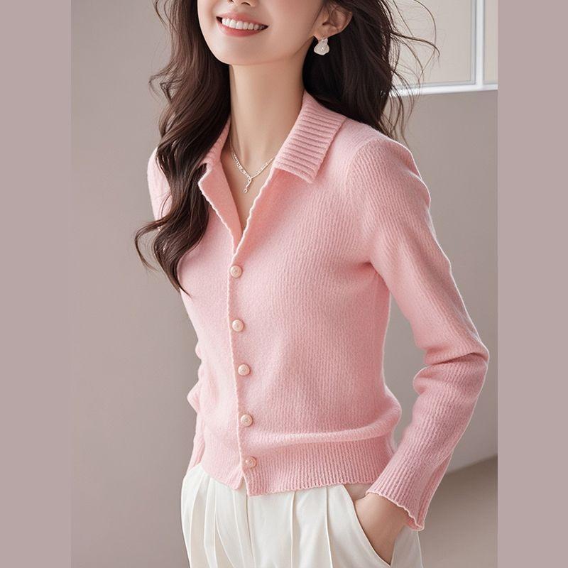ニットカーディガン レディース 秋冬 かわいい ピンク系 POLO襟 プリンセス袖 長袖 薄手 羽織り トップス 私服 名媛風 M L XL 2XL