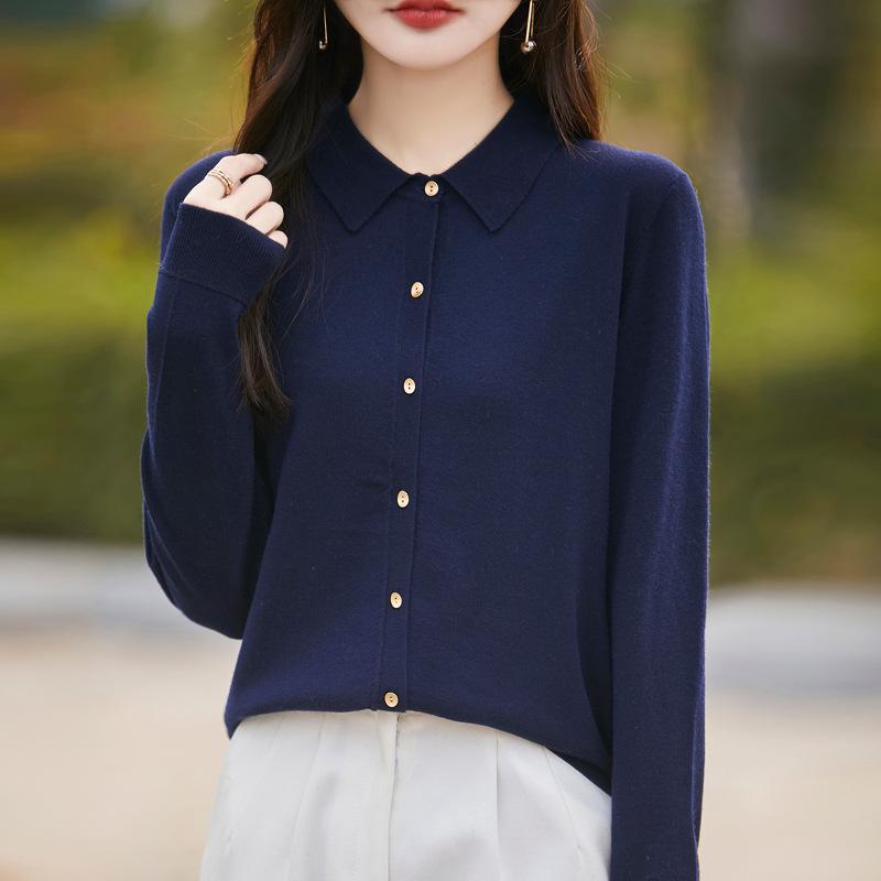 カーディガン レディース 春物 ニット ウール混紡 POLOネック 無地 ゆったり トップス 羽織り物 ピンク系 グレー