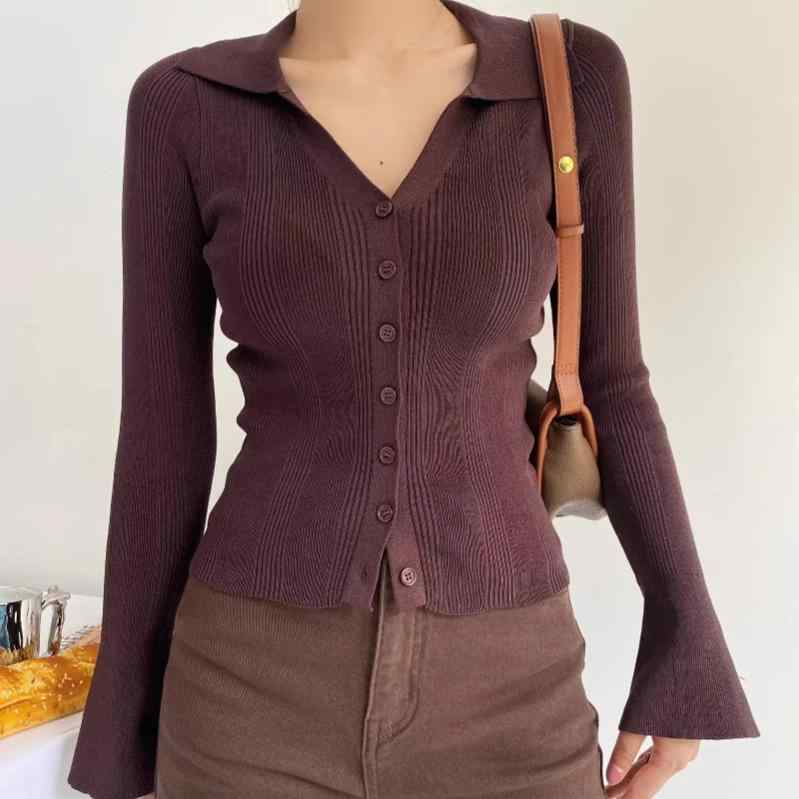 カーディガン レディース Vネック 長袖 ニット トップス ショート丈 タイト 無地 ブラック アイボリー ブラウン ネイビー 綿混紡 秋冬