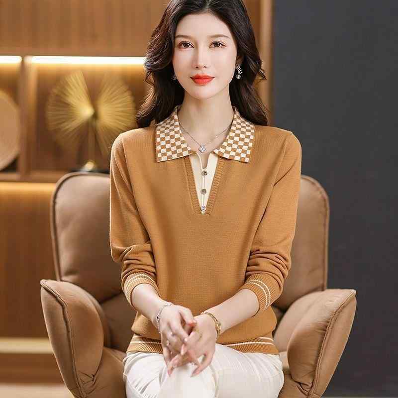 ニット レディース トップス 春秋 長袖 POLO襟 接触冷感 伸縮性 プルオーバー ゆったり ブラック グリーン ブラウン オレンジ