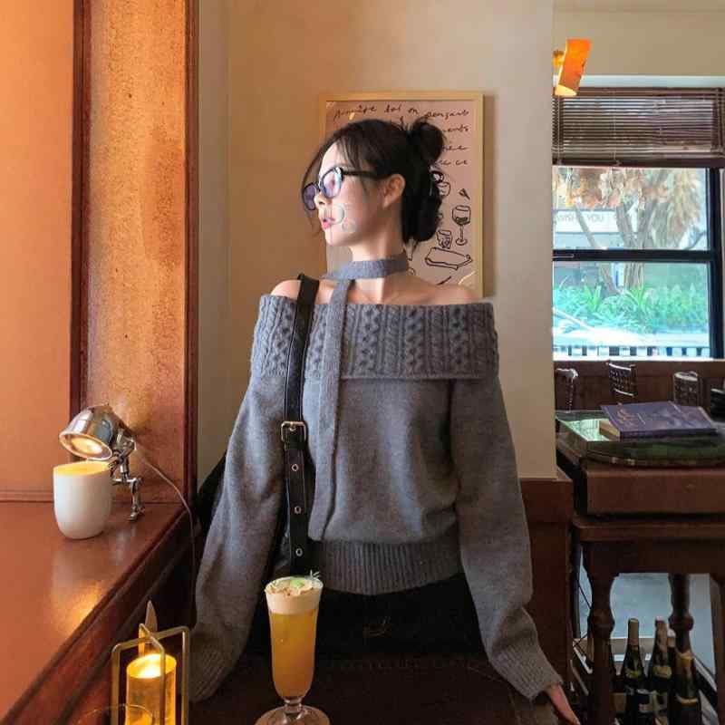 ニット・セーター レディース 長袖 肩出し ケーブル編み 灰色 粘胶纤维 ポリエステル ゆったり 日韓風 春秋冬