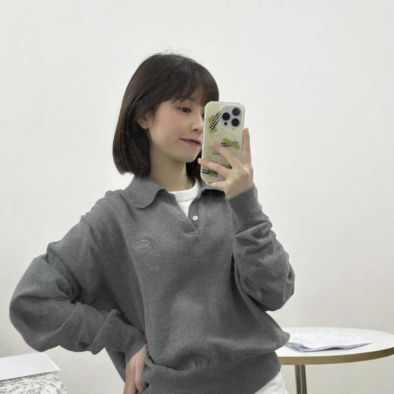 ニット レディース 韓国風 ワンポイント 刺繍 長袖 プルオーバー 襟付き トップス 普段使い デイリー ウェア カットソー カジュアル スタイル 秋冬