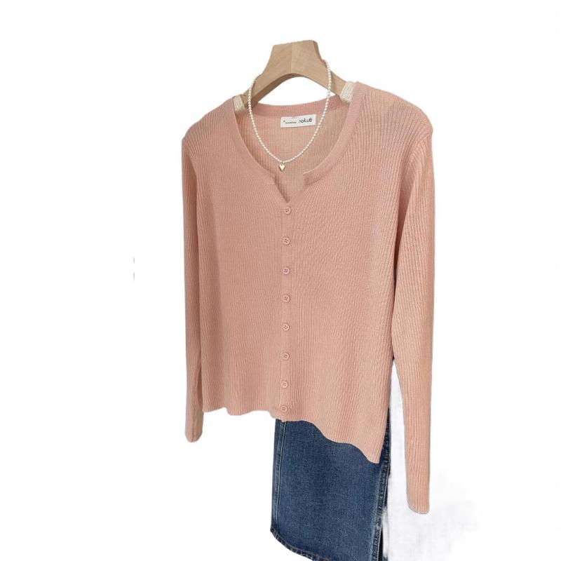 ニット レディース カーディガン ショート丈 長袖 POLOネック ミルクブルー 無地 薄手 羽織り トップス タイト 春秋 きれいめ かわいい 韓国風 フェミニン ガーリー オフィスカジュアル 通勤着 普段使い