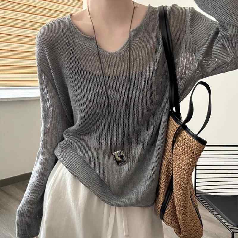 ニット レディース 韓国風 Vネック 長袖 薄手 サマーニット トップス グレー 白色 黄色 フリーサイズ ..