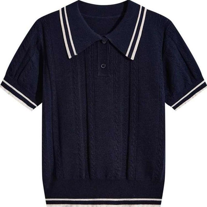 ニット レディース トップス サマーニット ポロ襟 プルオーバー 薄手 スリムフィット 配色 おしゃれ 紺 グレー ベージュ カジュアル きれいめ