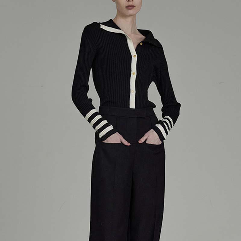 カーディガン レディース ニット 天竺編み 長袖 POLO襟 厚手 無地 トップス アウター 通勤 ブラック系 秋冬