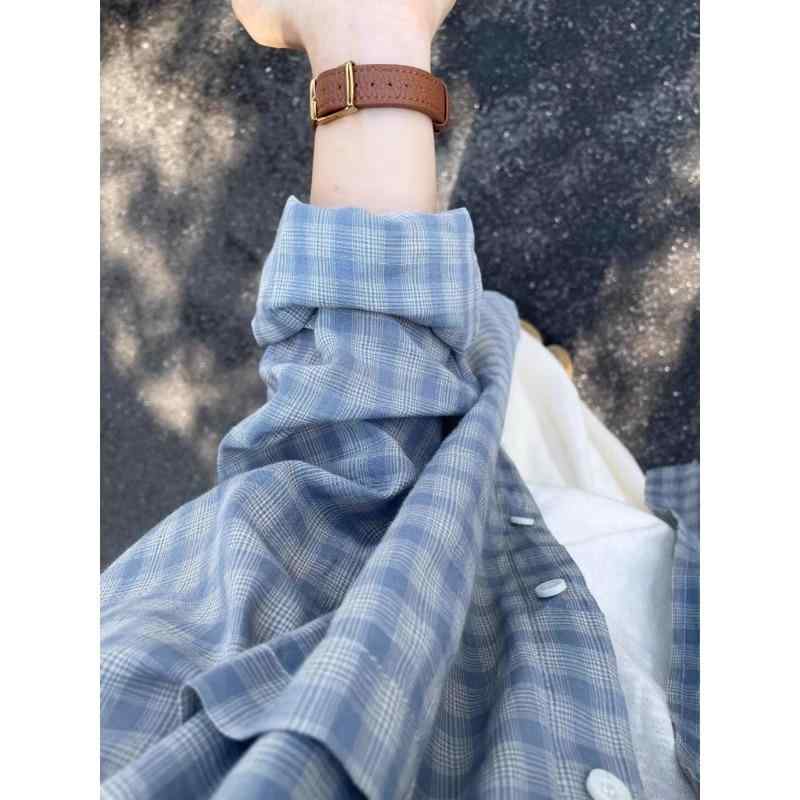 シャツ レディース ブルー 格子柄 コットンリネン 接触冷感 ゆるふわ 長袖 トップス ブラウス ポロネック 韓国風 文芸 レトロ 冷感 紫外線対策 春夏
