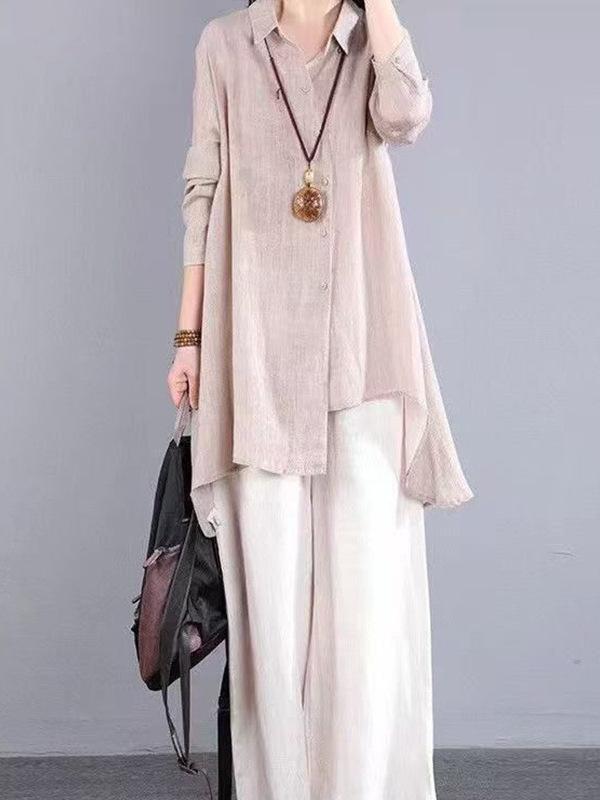 シャツ レディース コットンリネン 長袖 POLO襟 ミドル丈 カーディガン ゆったり 無地 文芸風 レトロ調 春夏 グレー レッド カーキ