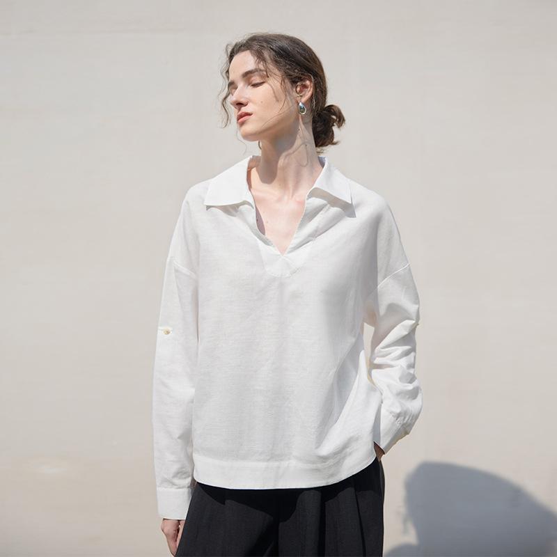 シャツ レディース Vネック 長袖 麻 リネン混紡 ブラウス トップス プルオーバー ゆったり 接触冷感 白色 オフィス カジュアル きれいめ エレガント
