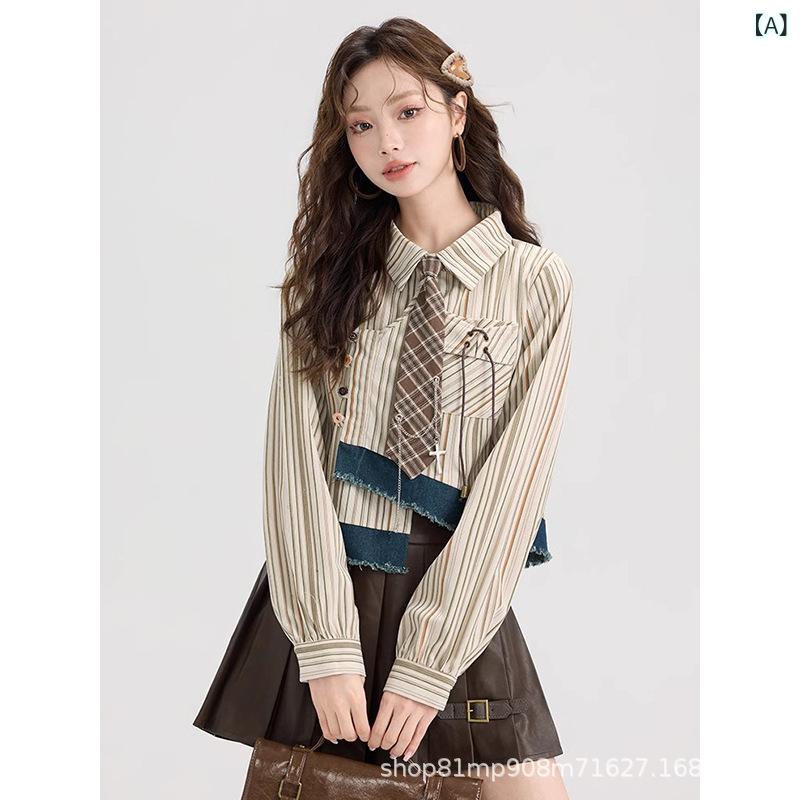 シャツ レディース 春夏 ストライプ柄 ポリエステル混紡 長袖 トップス ブラウス 配色 切り替え 美ラードカラー ゆったり 通勤着