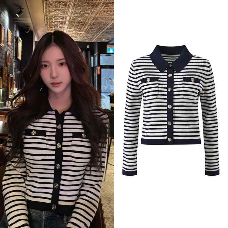 カーディガン レディース 春物 配色 ストライプ柄 ニット トップス ショート丈 長袖 着痩せ 通勤 かわいい