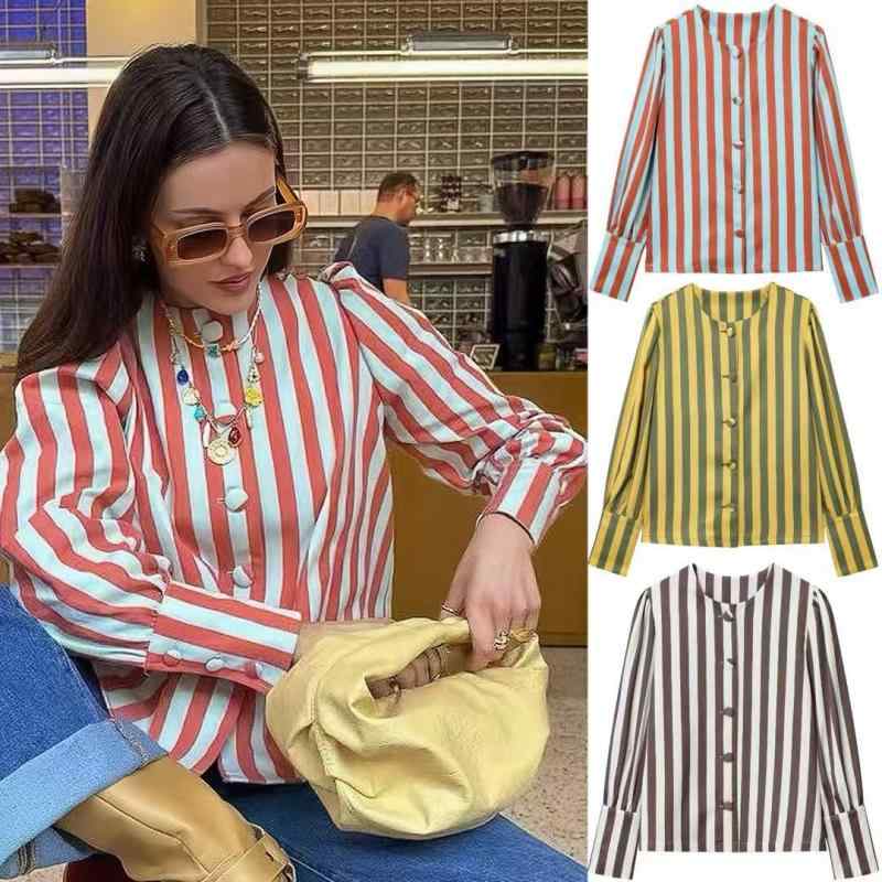 シャツ レディース ストライプ柄 泡袖 バルーン袖 長袖 ポリエステル トップス イエロー レッド ブラウン 配色 3Dデザイン 襟付き 伸縮性 カジュアル 普段使い 通勤