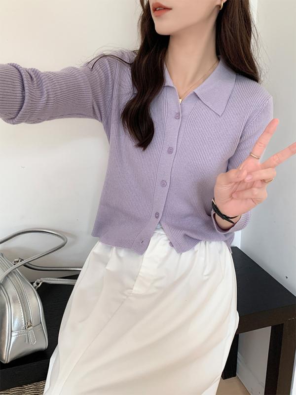 カーディガン レディース 春秋 ニット ポロ襟 トップス 小柄 向け ウール混紡 長袖 無地 ミドル丈 羽織り 淡紫色