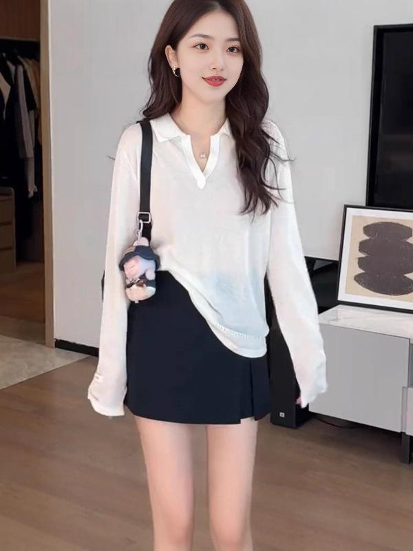 ニット・セーター レディース 秋冬 POLOネック 長袖 ショート丈 伸縮性 薄手 トップス プルオーバー インナー 普段使い かわいい カジュアル 無地 グレー 紺