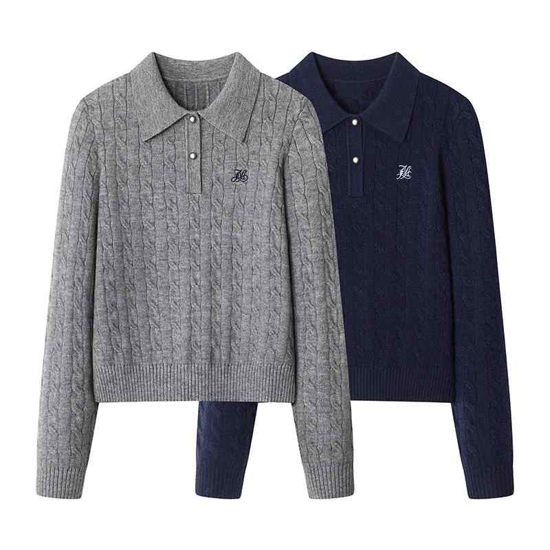 ニット レディース ケーブル編み POLO襟 グレー プルオーバー セーター 秋冬 ポリエステル ゆったり 長..