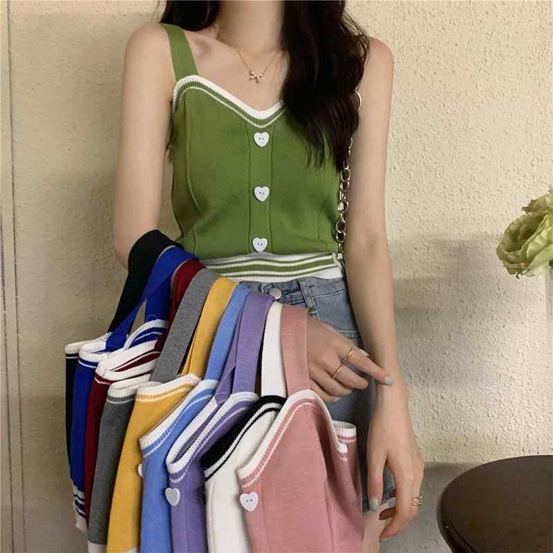 タンクトップ レディース 春夏 ニット ショート丈 スリムフィット ハート柄 ボタン付き キャミソール ..