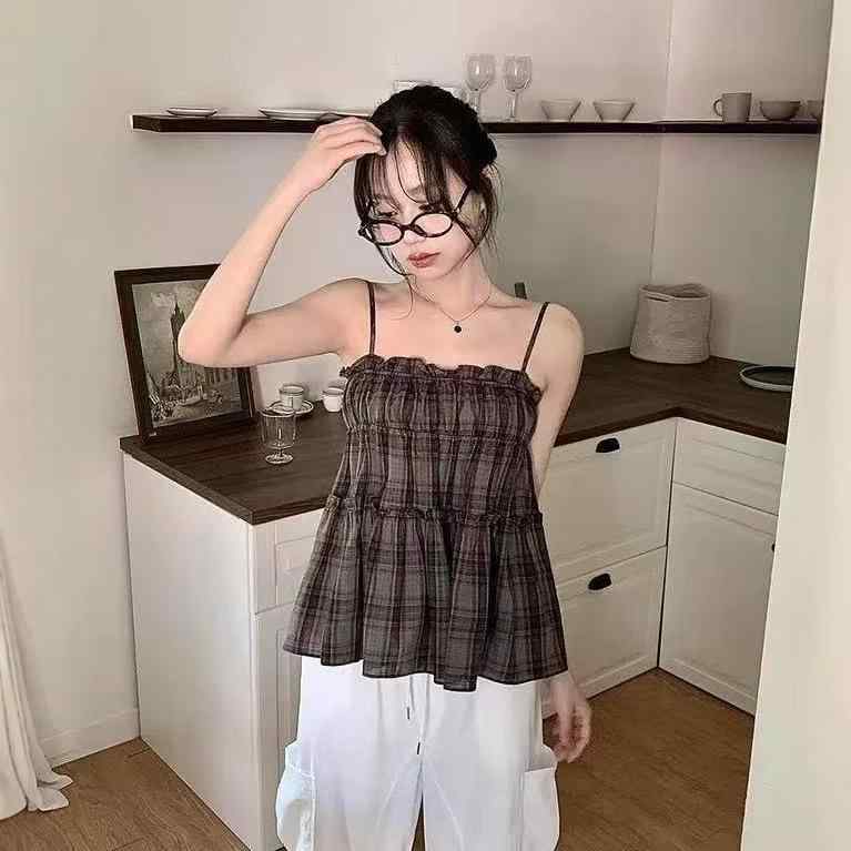 キャミソール レディース 格子柄 襟フリル ポリエステル ノースリーブ トップス 赤色系 緑色系 日韓スタイル