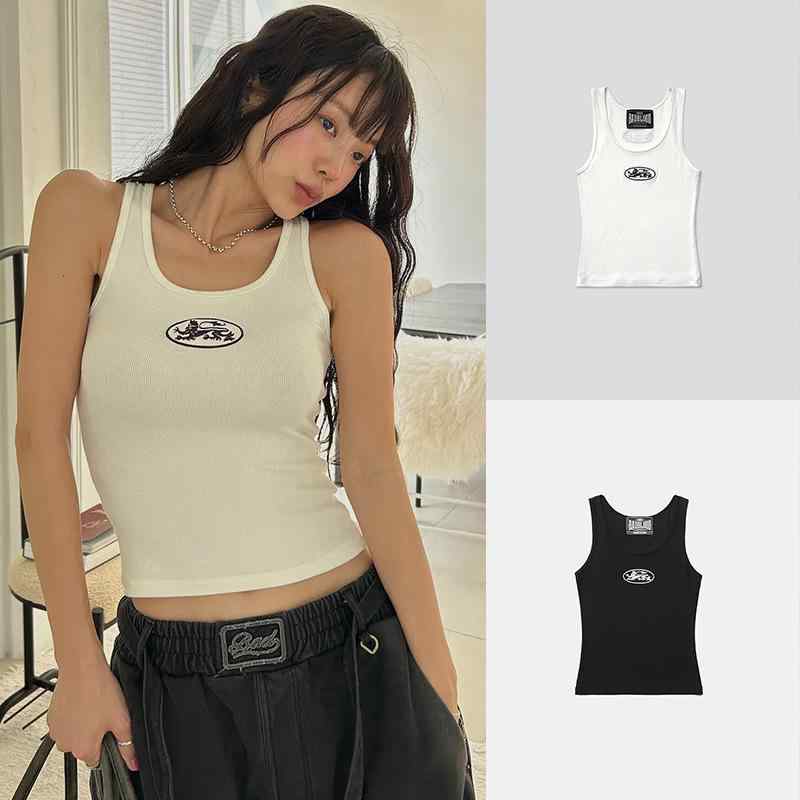 タンクトップ レディース 韓国風 スリムフィット コットン 刺繍 アニマル柄 トップス ノースリーブ 春..
