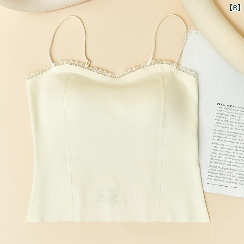 キャミソール レディース レース Uネック ノースリーブ インナー トップス 薄手 春夏 肌着 下着 ブラパッド付き 無地 黒 白 ベージュ グレー(x2)
