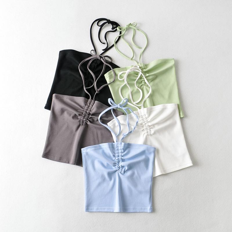 キャミソール レディース トップス 韓国風 スリム 平口 オフショルダー ホルターネック リボン ポリエステル 灰色 緑 黒 水色