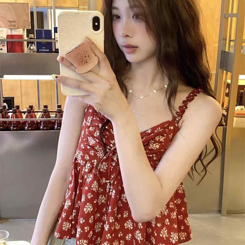 タンクトップ レディース 韓国風 花柄 吊り下げ紐 ポリエステル トップス レトロ かわいい 短め丈 通勤 普段使い