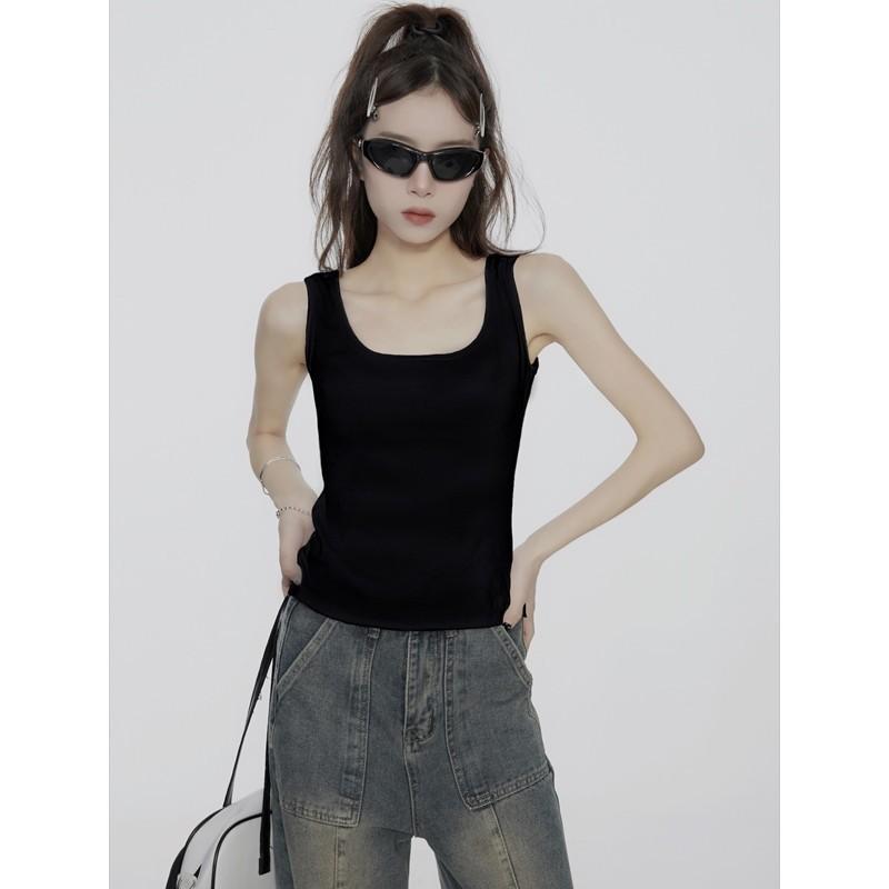 タンクトップ レディース 黒 スクエアネック キャミソール ニット スリム ノースリーブ トップス 綿95%以上 無地 伸縮性 韓国風