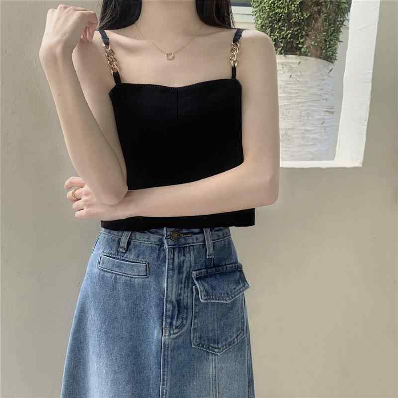 タンクトップ レディース ニット キャミソール 韓国風 ノースリーブ ショート丈 トップス 白 黒 レーヨン混紡 ポリエステル混紡 無地 立体装飾付き スリムフィット セクシー スタイル 春夏