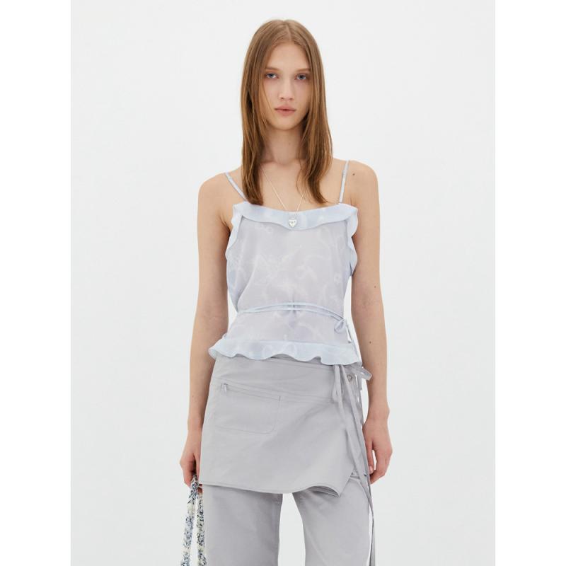 タンクトップ レディース 春夏 韓国風 LC風 木耳フリル 花柄プリント 吊り下げタイプ ポリエステル ト..