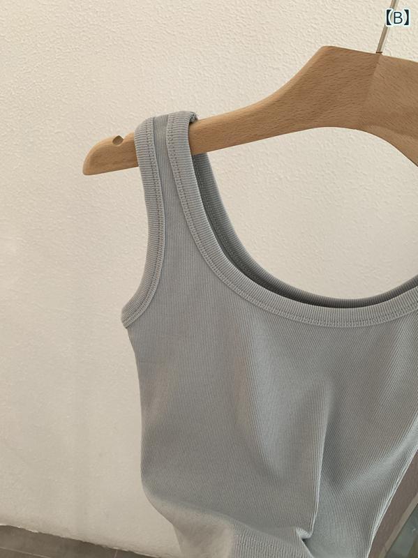 タンクトップ レディース 韓国風 ノースリーブ トップス 無地 シンプル スリム ショート丈 リブ コットン 混紡 伸縮性 コーヒー色 ライトブルー グレー