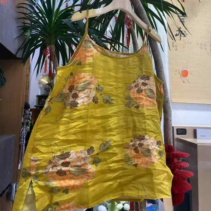 タンクトップ レディース 苎麻 麻 リネン プリント柄 チャイナボタン ノースリーブ レトロ風 ゆったり ..