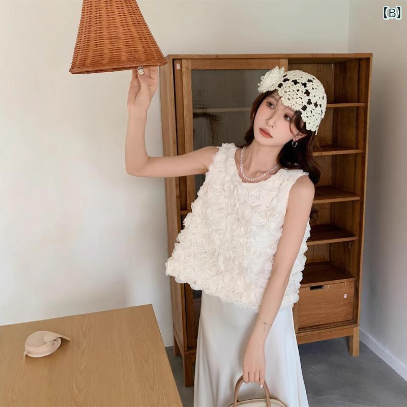タンクトップ レディース 韓国風 立体ローズ ノースリーブ ポリエステル ピンク系 杏色 デイリー リゾート