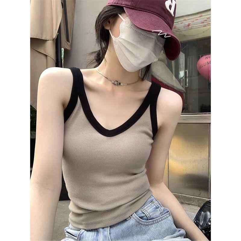 キャミソール レディース 韓国風 スリムフィット 配色 Vネック ノースリーブ トップス カットソー ニット かわいい セクシー