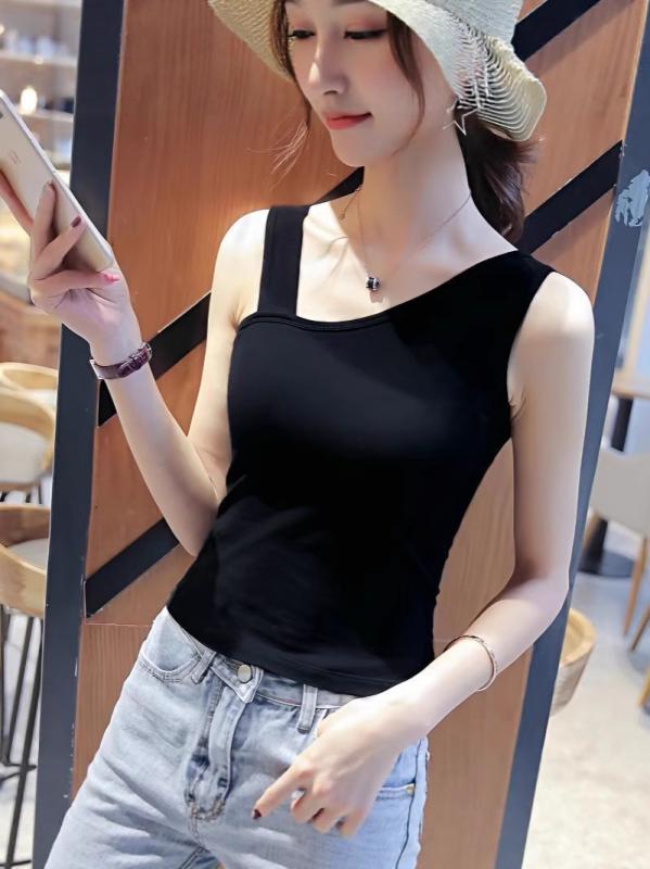 タンクトップ レディース 韓国風 スリムフィット ノースリーブ トップス コットン 斜めがけ アシンメトリー デザイン カットソー 背中開き 白 黒